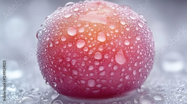 Obraz Close-up of a wet, rosy plum on a reflective surface, blurred background