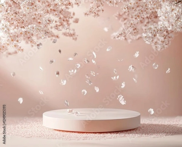 Fototapeta A podium on the ground with scattered pink petals flying, a minimal mockup background for product presentation