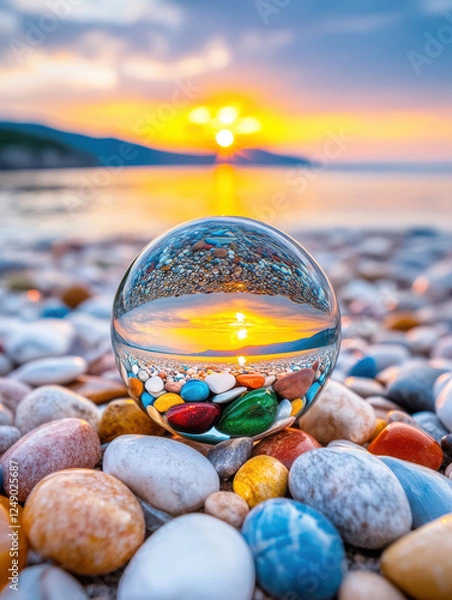 Fototapeta crystal ball reflecting sunset over beach filled with colorful pebbles, creating serene and captivating scene. vibrant colors and tranquil atmosphere evoke sense of peace and wonder