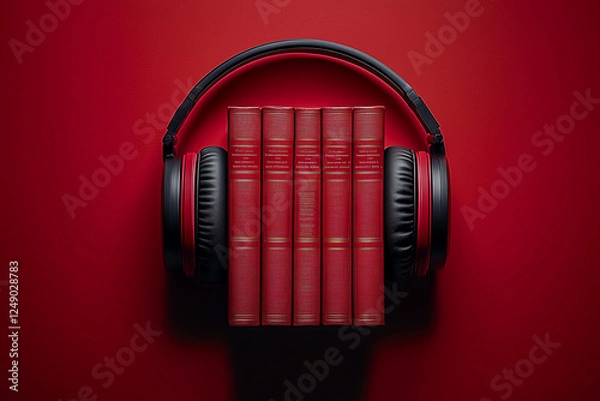 Obraz headphones are put on red books. Audio book concept