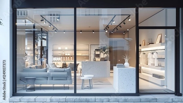 Fototapeta Upscale retail store with a combination of white walls, black metal borders, and natural wood paneling, floor-to-ceiling glass windows showcasing premium products. 