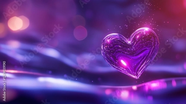 Fototapeta Floating neon heart with holographic shimmer, glowing in a cosmic background, fantasy sci fi fusion