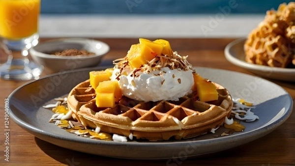 Obraz Mango and Coconut Waffle with Topped Coconut Cream 