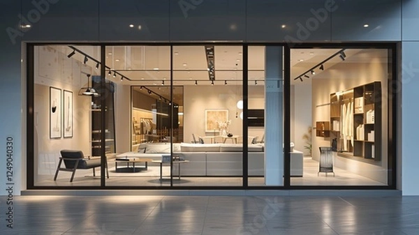 Fototapeta Sleek modern store with glass windows and artistic interior displays. 