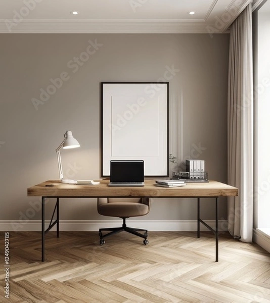 Fototapeta Modern Minimalist Home Office with Wooden Desk and Computer Setup