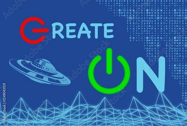 Fototapeta Create on text with on off button design. Spaceship, alien alphabet and line shaped mountain design on blue background.