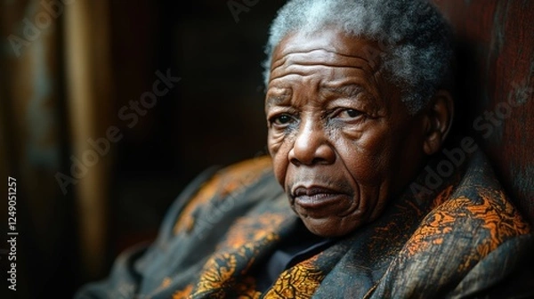 Fototapeta Portrait of an elderly individual with a thoughtful expression, seated indoors with soft lighting