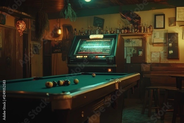 Fototapeta A dive bar with a jukebox, pool table, and a relaxed atmosphere