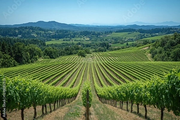 Fototapeta Expansive vineyard with neatly aligned grapevines stretching over rolling hills under a clear blue sky, surrounded by lush greenery.