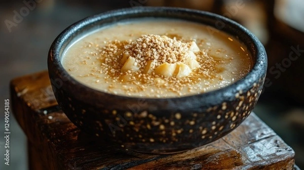 Fototapeta Creamy Dessert with Nuts and Seeds in Rustic Bowl on Wooden Table