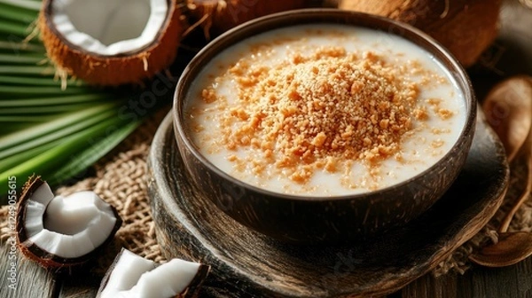 Obraz Creamy Coconut Dessert with Nuts and Fresh Coconut Halves on Wood