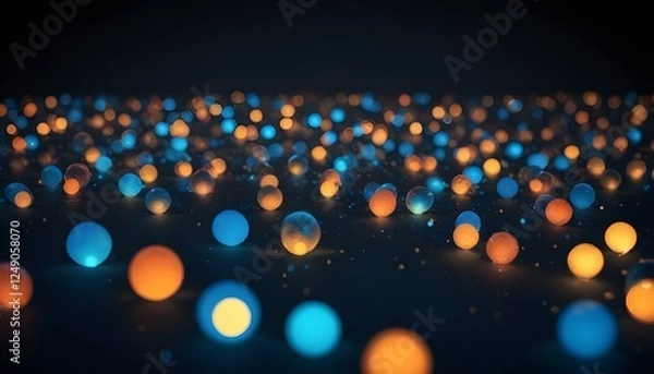 Fototapeta Un fondo oscuro lleno de orbes brillantes dispersos en varios colores, incluidos dorado, naranja y azul, que crean un efecto bokeh