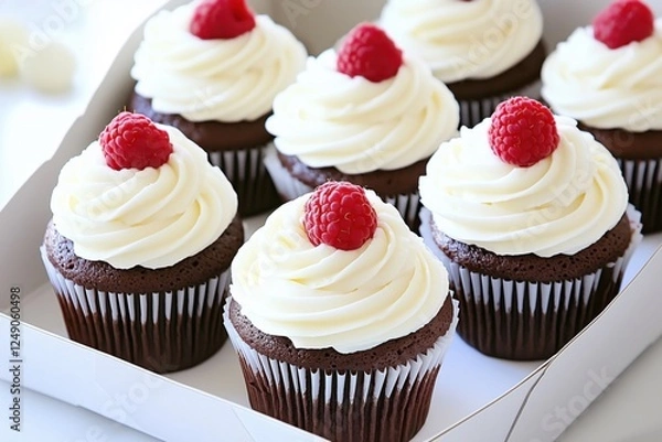 Obraz A box of chocolate cupcakes topped with creamy frosting and fresh raspberries.