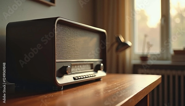 Obraz Shortwave radio receiver on wooden desk, nostalgic radio concept in a cozy vintage room
