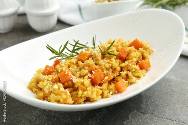 Fototapeta Delicious pumpkin risotto on grey table, closeup