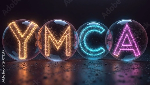 Fototapeta Glowing YMCA Text with Colorful Spheres on Dark Background