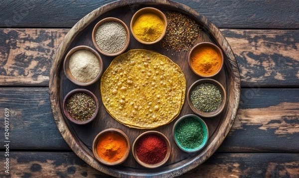 Fototapeta High Angle View of Traditional Ethiopian Injera Flatbread on Rustic Wooden Plate with Colorful Spice Bowls, 