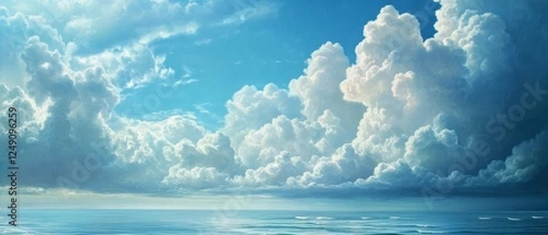 Obraz Dramatic cumulus clouds over a calm ocean under a bright blue sky.