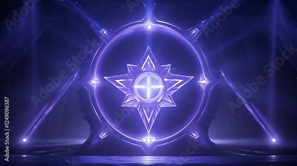Fototapeta Glowing star symbol stage, dark background, futuristic event