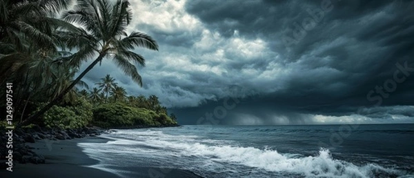Obraz Dramatic tropical storm clouds over ocean beach with palm trees.