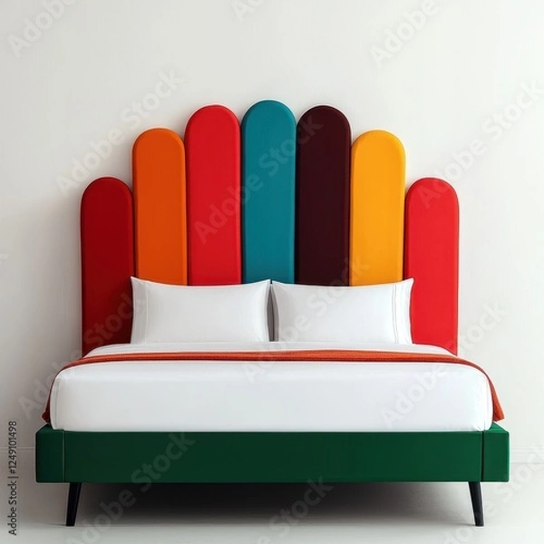 Fototapeta Colorful Modern Headboard and Stylish Bedding in Minimalist Room