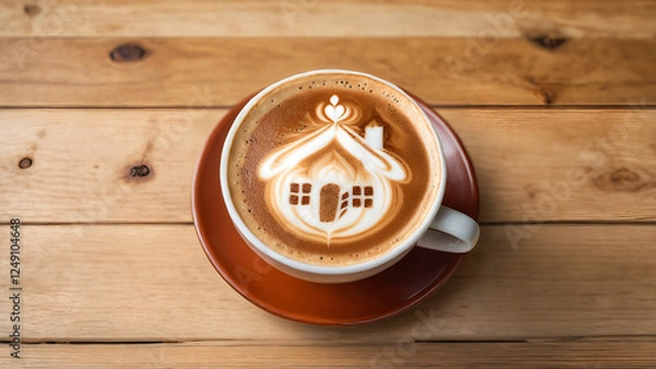Fototapeta Welcome home. Coffee latte art with house pattern.

