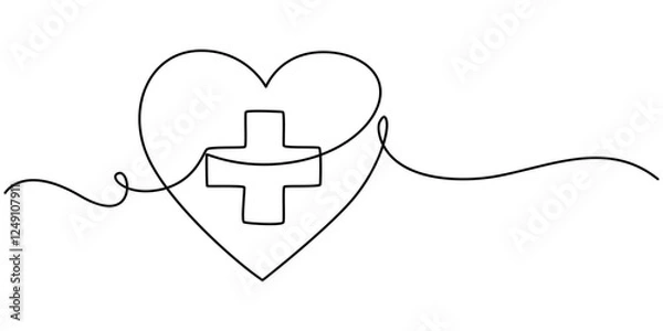 Obraz Continuous Line Drawing of Healthcare Icon. Hand Drawn Symbol Vector Illustration, Hand drawn doodle heart. Stroke is editable so you can make it thiner or thicker. Continuous seamless line art draw. 