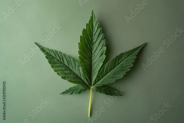 Fototapeta Detailed cannabis leaf displayed on a green surface