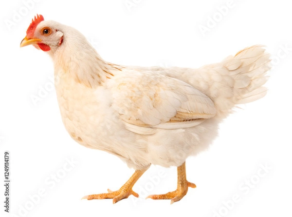 Fototapeta Side view of white or cream hen or chicken standing isolated and generated with AI in png file format