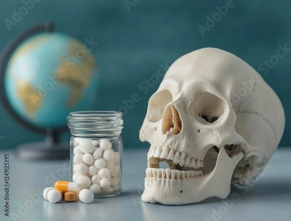 Fototapeta Human Skull with Pills and a Globe on a Table Background