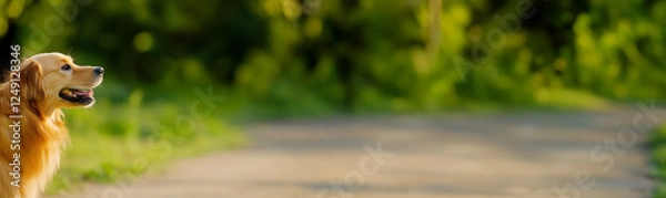Obraz Golden retriever dog during walk in sunny summer park. Horizontal banner