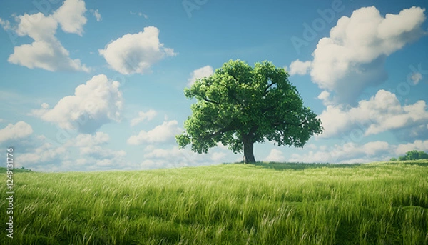 Fototapeta Solitary tree in lush green field under blue sky with fluffy clouds