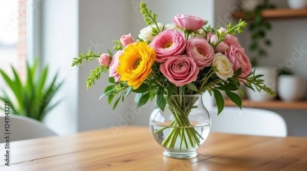 Obraz Beautiful Floral Arrangement in a Transparent Vase on a Wooden Table