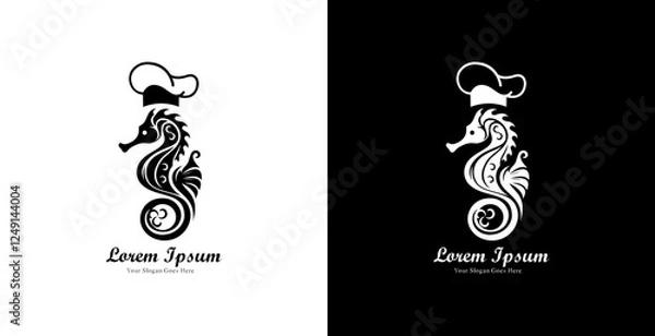 Fototapeta The logo design is in the shape of a seahorse wearing a chef's hat
