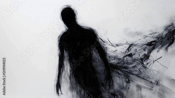 Fototapeta A terrifying drawing on white paper with black pencils, a dark silhouette walking like a specter, from which thick black mist forms, with chilling, brief sketches.
