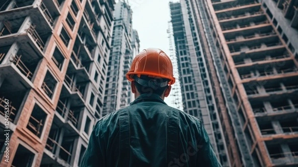 Obraz Construction worker wearing an orange safety helmet looking up at unfinished high-rise buildings, urban development scene