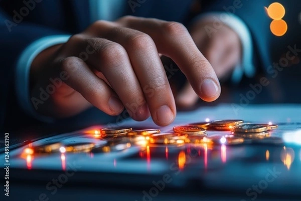 Fototapeta Optimize your financial future with expert money management This close-up showcases a financial planners hands analyzing savings reports, meticulously reviewing budget efficiency and expertly guiding