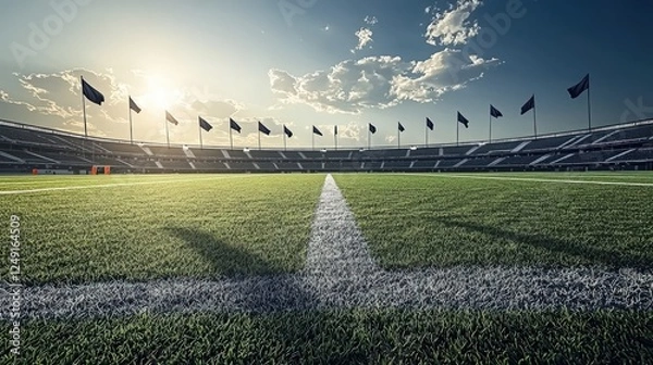 Fototapeta Football field with corner flags waving gently in the breeze