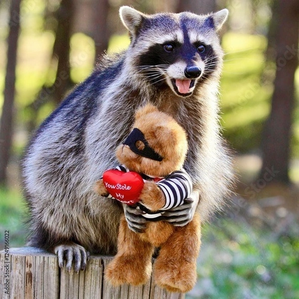 Fototapeta Heart Thief Raccoon: A charming raccoon holding a "YOU STOLE MY HEART" stuffed toy, capturing a playful and adorable moment in the forest, perfect for wildlife and love-themed collections.
