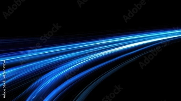 Fototapeta Dynamic blue light streaks with glowing horizontal lines in a high-speed motion blur effect over a sleek black background.