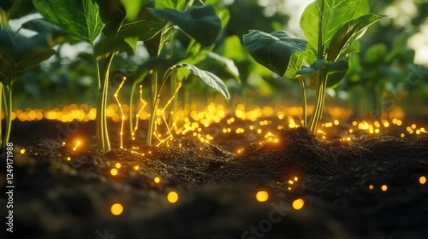 Fototapeta AI-assisted microbial farming with nutrient-rich soil regeneration, glowing bio-enhanced roots, digital analytics overlay tracking microbial activity