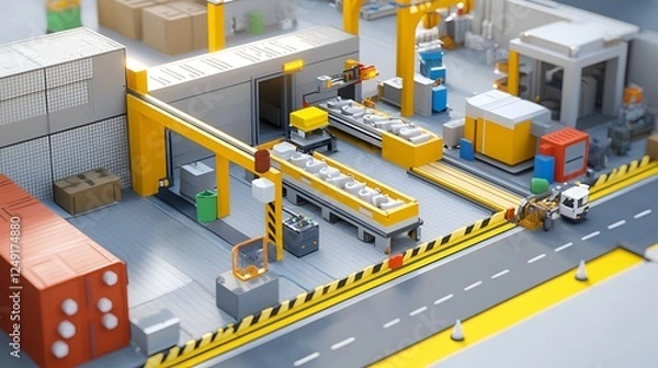 Fototapeta Factory automation, industrial production, conveyor belt, warehouse, logistics, background, 3D rendering, for industrial websites