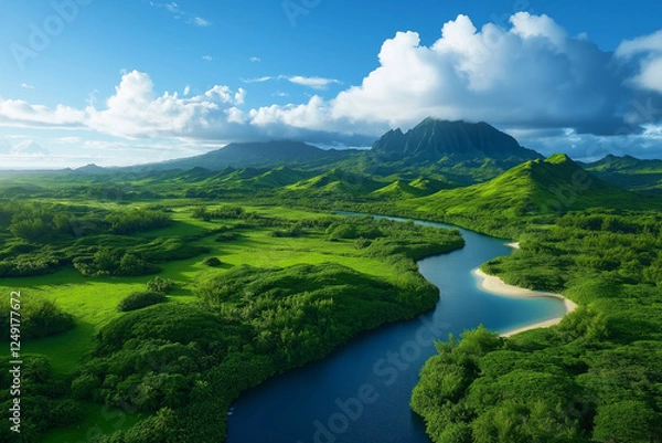 Fototapeta breathtaking view of lush green mountains and winding river under bright blue sky, showcasing beauty of nature and tranquility