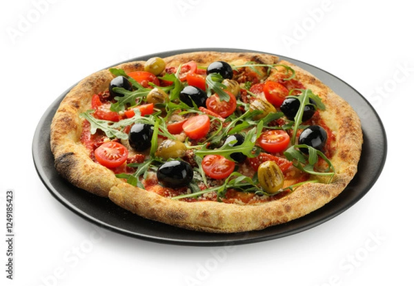 Fototapeta Tasty pizza with olives, tomatoes and arugula isolated on white