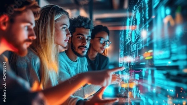 Fototapeta Diverse Team Collaborates On Futuristic Data Interface