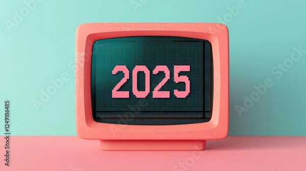 Fototapeta Retro television with pixel art display showing year 2025