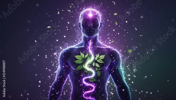 Fototapeta Illuminated human figure with a glowing spine and leaves symbolizing health and vitality in a cosmic background