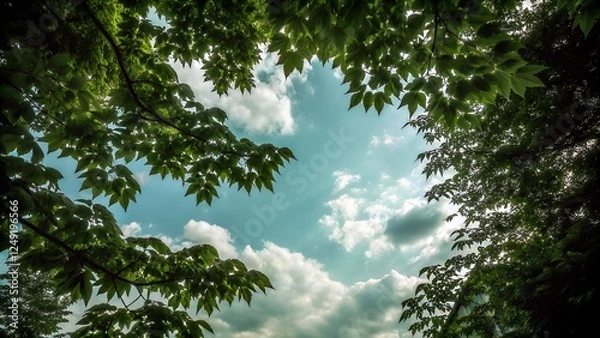 Fototapeta Looking Up Through Tree Canopy to Blue Sky with Clouds