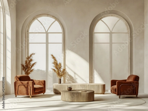 Fototapeta Modern interior with natural light and elegant brown seating