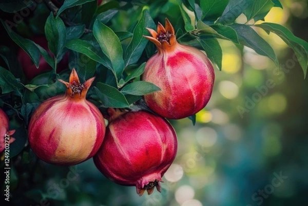 Fototapeta A fresh bunch of pomegranate fruits hanging from a tree branch, ready for picking. Pomegranates are rich in vitamins and antioxidants.